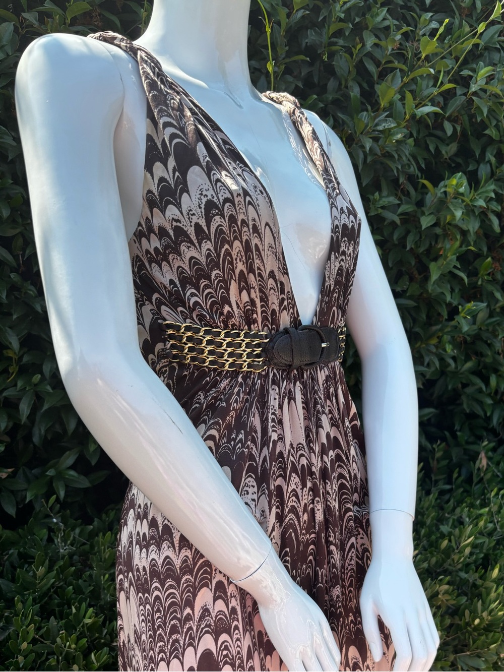 Y2K Silk Mini Brown and Cream Plunging V-Neck Dress with waist belt - Picture 7 of 11